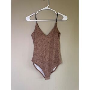 Gaze Womens XS Leopard Print Bodysuit Tan Black V-Neck Spaghetti Strap